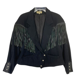 Vintage 1980's Mark Up California Sz L Black Wool Fringed Western Cropped Jacket